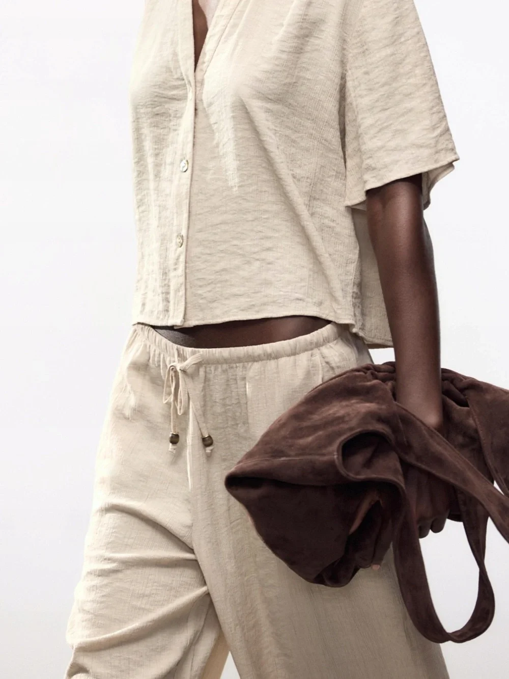 Zara Wide-Leg Linen-Blend Pants in Light Beige